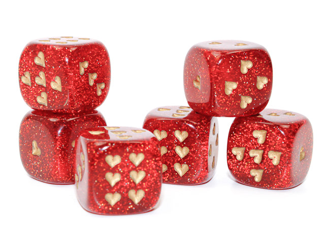 Chessex Dice: Heart 16mm Glitter Ruby Red/Gold Heart Pips D6 (1 Piece)