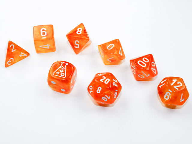 Chessex 7-Die Lab Dice Set: Borealis Blood Orange & White Luminary (with bonus die)