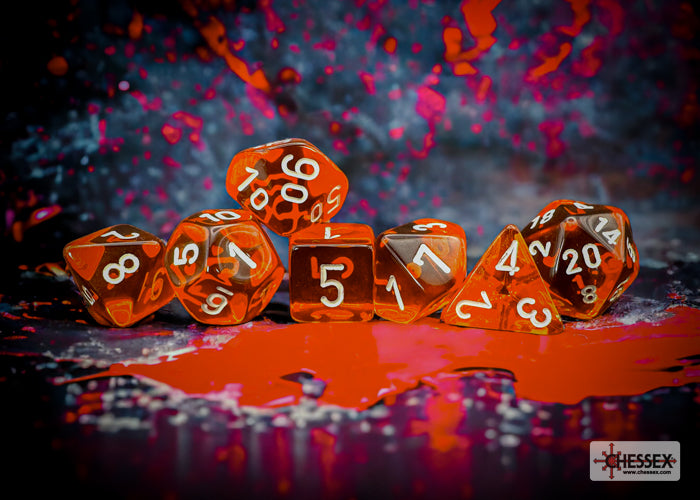 Chessex RPG Dice Sets: Translucent Polyhedral Orange w/ White Numbers 7-Die Set