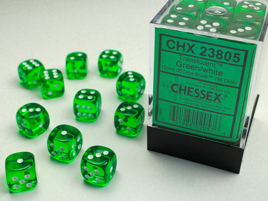 Chessex 12mm D6 Dice Set of 36 - Translucent Green & White