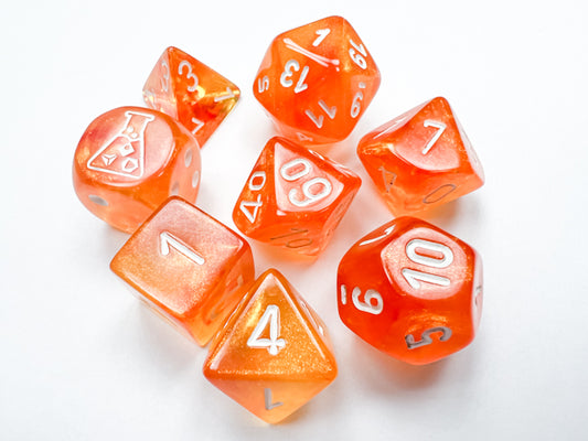 Chessex 7-Die Lab Dice Set: Borealis Blood Orange & White Luminary (with bonus die)