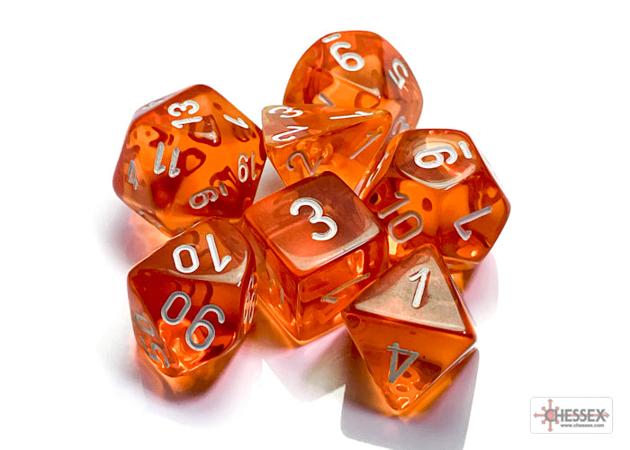 Chessex RPG Dice Sets: Translucent Polyhedral Orange w/ White Numbers 7-Die Set