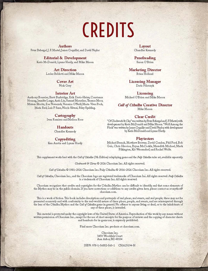 Call of Cthulhu Clockwork & Claws: Two Scenarios for Pulp Cthulhu